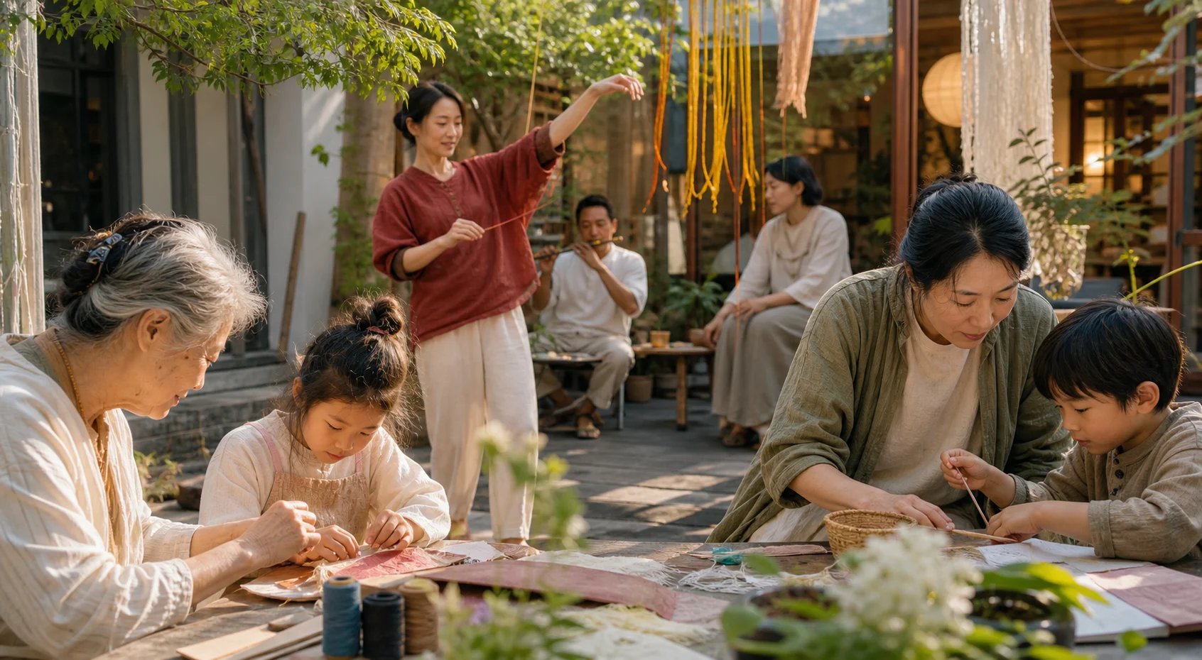 不同年龄的人们在社区庭院里共同创作、倾听与相遇
